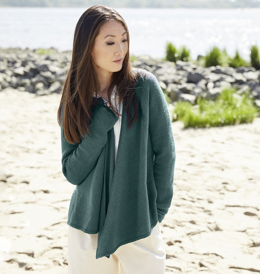 Kanshoku Cardigan | casually worn open, made from Cheeky Merino Joy by Rosy Green Wool