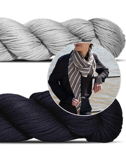 Kontakt | afslappet tørklæde med fine striber i Cheeky Merino Joy fra Rosy Green Wool