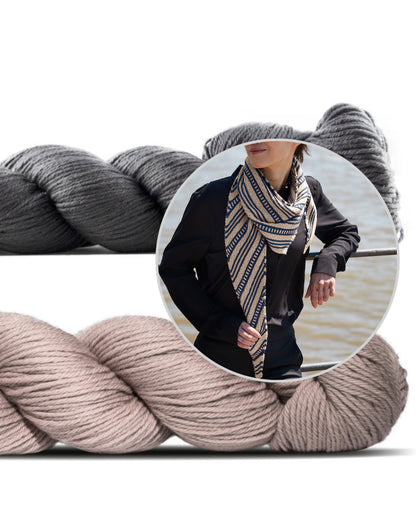 Kontakt | afslappet tørklæde med fine striber i Cheeky Merino Joy fra Rosy Green Wool